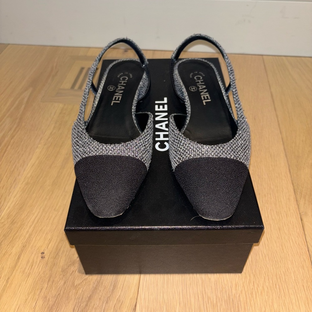 Chanel flat sling back black and grey tweed - Picture 2 of 4